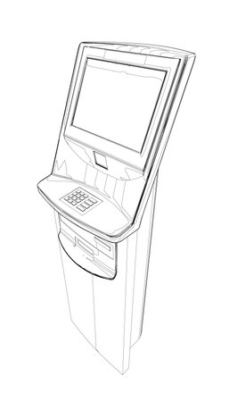 Contour ATM with display. Bank terminal for transaction, withdraw money and deposit to account. Vector illustration of outline cash machine with copy space for your text.のイラスト素材