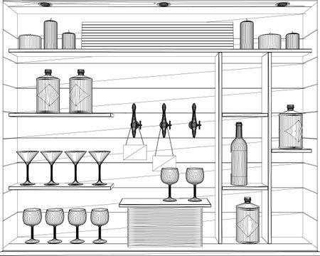 Alcohol bar outline with bottles and glasses on shelves made of black lines isolated on white background. Vector illustration.のイラスト素材