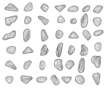 Set of wireframe pebbles and natural stones. Hand drawn illustration vector. Isolated on white background.のイラスト素材
