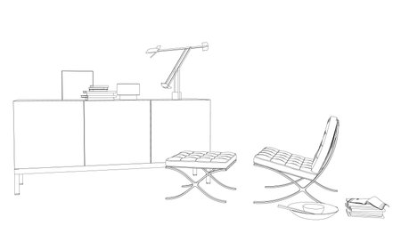 The contour of the room with an armchair and a table with documents. Perspective view. Vector illustration.のイラスト素材