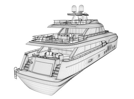 Wireframe of a large luxury yacht from black lines isolated on a white background. Back view. 3D. Vector illustration.のイラスト素材