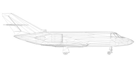 Passenger aircraft wireframe from black lines isolated on white background. Side view 3D. Vector illustration.のイラスト素材