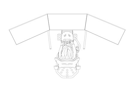 Outline of a girl sitting at a realistic gaming simulator with a steering wheel, pedals and three monitors made of black lines isolated on a white background. Front view. Vector illustration.のイラスト素材