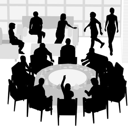 Silhouette of people sitting in restaurant on chairs and sofa isolated on white background. Restaurant interior Isometric view. Vector illustration.のイラスト素材