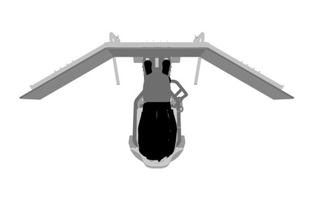 Silhouette of a girl sitting at a realistic gaming simulator with a steering wheel, pedals and three monitors isolated on a white background. Top view. Vector illustration.のイラスト素材