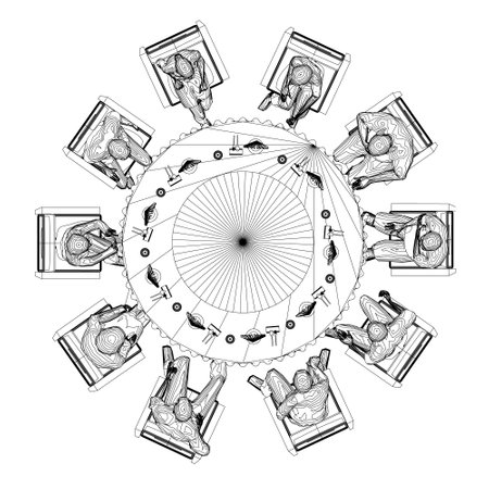Outline of people sitting in restaurant on chairs at the round table from black lines isolated on white background. Restaurant interior Top view. Vector illustration.のイラスト素材