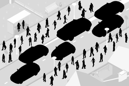 Silhouette People going, rushing on different businesses, hurrying to work, office. Morning city life concept. Rush hour, busy urban street traffic with pedestrians and cars, panorama. Flat vector illustrationのイラスト素材