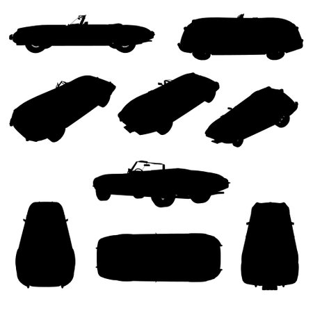 Set of Convertible car vector silhouette on white for vehicle branding, corporate identity. View from side, front, back, top, isometric. Vector illustrationのイラスト素材