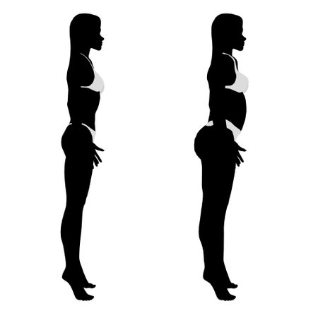 Before and after weight loss silhouette. An overweight girl stands in side of thin, slender, fit woman. Lifestyle Healthcare concept character pose side character animation silhouette vector designのイラスト素材