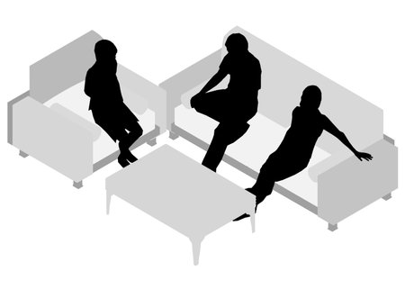 Silhouette model of people sitting on sofa and chair at table. Isometric view. Vector illustration.のイラスト素材