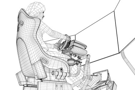 Wireframe of a girl sitting at a realistic gaming simulator with a steering wheel, pedals and three monitors made of black lines isolated on a white background. Side view Vector illustration. 3D.のイラスト素材