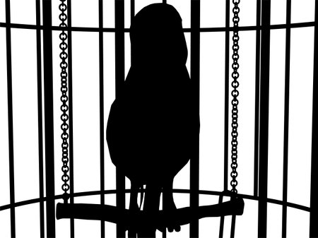 Silhouette parrot in a cage isolated on a white background. Front view. Vector illustration. A black silhouette of a bird in a decorative birdcageのイラスト素材