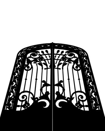 Vector detail of classic gate ornament design silhouette on white background. Wrought iron gate that is closedのイラスト素材