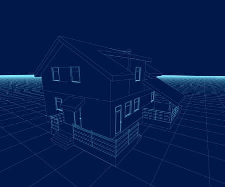 Country cottage style 3d. Vector illustration of house made of blue lines isolated on dark background.のイラスト素材
