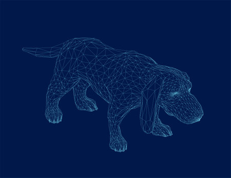 Dog breed Basset Hound. Sticker on the wall in the form of a graphic wireframe of a dog portrait. View isometric. 3Dのイラスト素材