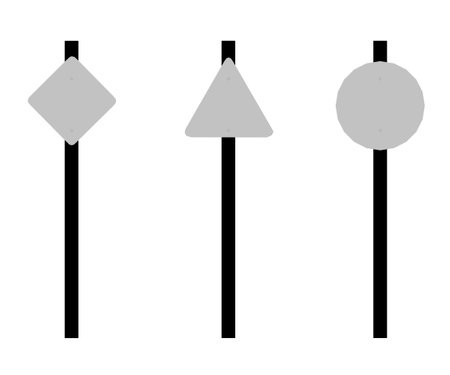 Silhouette Blank Road signs. Warning sign symbol on white background. Vector illustration. Set of road signs, Traffic signs. Stop, Maximum speed, School crossing, Danger, Left curve.のイラスト素材