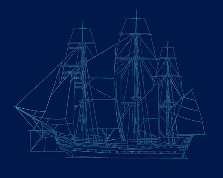 Brigantine sail ship from blue outlines. Vector illustration. Side viewのイラスト素材