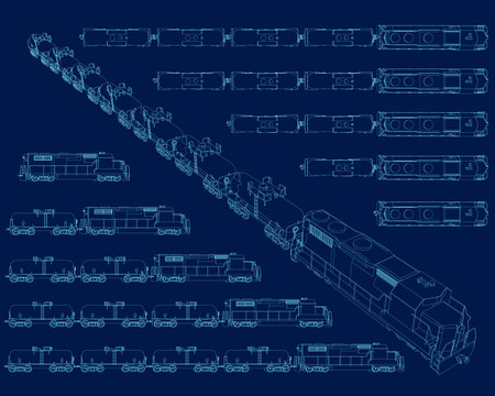 Set Locomotive Train contour Illustration. Train cargo logistics technology on blue dark background. delivery truck consists of lines. business worldwide shipping. cargo technology. Vector illustrationのイラスト素材