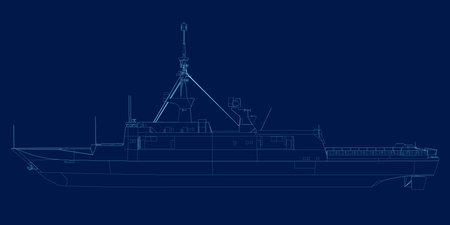 Outline of a small ship made of blue lines isolated on a dark background. Side viewのイラスト素材