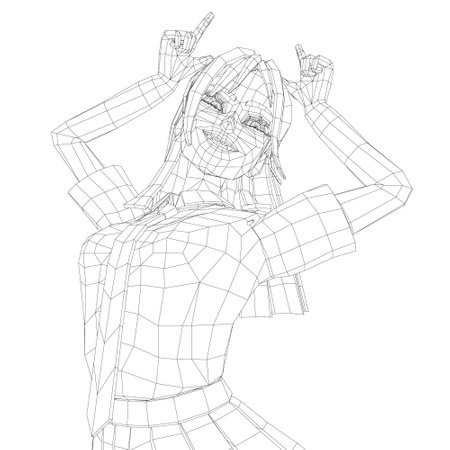 A woman is drawing a cartoon of herself with her hands on her head. She is smiling and has a playful expressionのイラスト素材