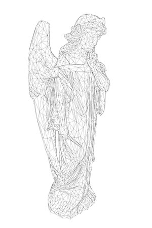 A statue of an angel is shown in a black and white photo. The angel is standing with its wings spread out, and it is a statue of a woman. The image has a serene and peaceful moodのイラスト素材