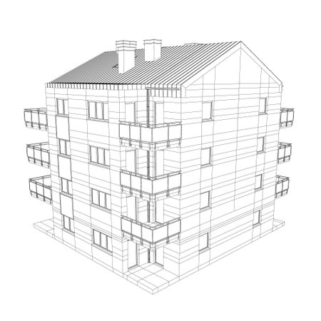 A building with a slanted roof and a chimney. The building is made of bricks and has a lot of windowsのイラスト素材