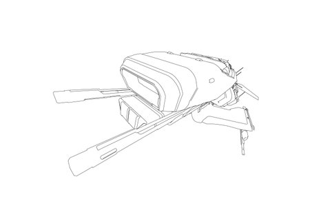 A black and white drawing of a spaceship with a white background. The drawing is of a futuristic looking spaceship with a pointed nose and a large wingのイラスト素材