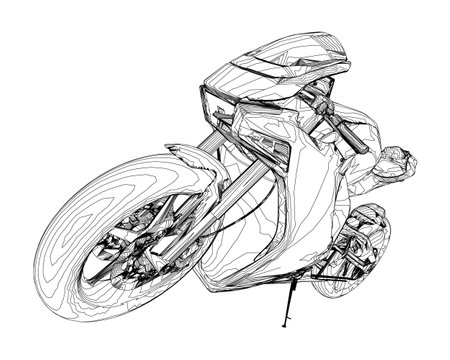 A black and white drawing of a motorcycle with a large front wheel. The motorcycle is shown in a stylized way, with the front wheel taking up a large portion of the image. Scene is one of creativityのイラスト素材