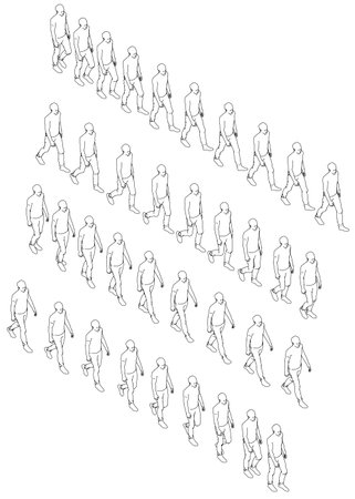 A group of people are walking in a line. The image is in black and white. The people are walking in a straight line, with some of them walking faster than others. Concept of movement and progressionのイラスト素材