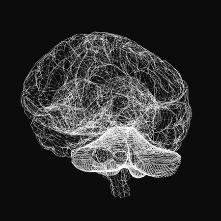 A brain with a lot of lines and dots. The brain is white and the background is blackのイラスト素材
