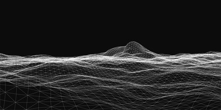 A black and white image of a wave with a mountain in the background. The image is a representation of the vastness and power of natureのイラスト素材