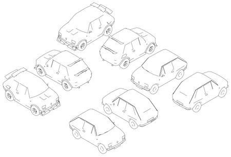 A drawing of a row of cars with the first car being a small hatchback. The other cars are all different sizes and shapes. Isometric viewのイラスト素材