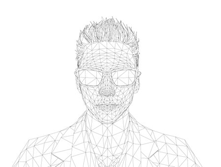 A man with a glasses is shown in a black and white illustration. The illustration is a digital drawing of a person, and the man is wearing a suit.のイラスト素材