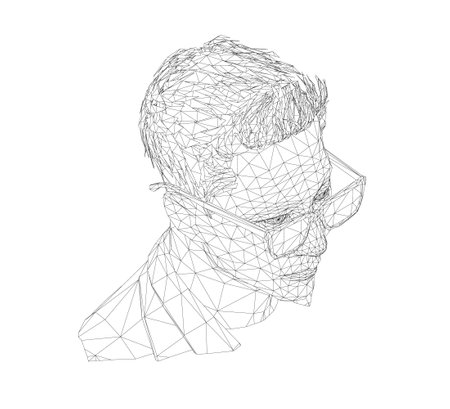 A man with glasses is drawn in a black and white style. The image is a stylized portrait of a man...