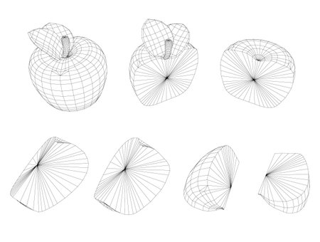 A series of drawings of Apple and vegetables in black and white. The drawings are all different shapes and sizes, but they all have a similar texture and feelのイラスト素材
