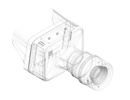 A camera is shown in a black and white drawing. The camera is a small, compact device with a lens and a screen. The camera is designed to be easy to use and portableのイラスト素材