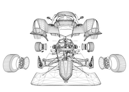 A drawing of a vehicle with a lot of parts. The drawing is in black and white