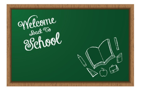 A School Blackboard with  Welcome Back To School  Chalk Styled text and School Supplies Doodles  のイラスト素材