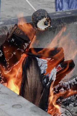 A marshmallow on a stick on an open fire.の写真素材
