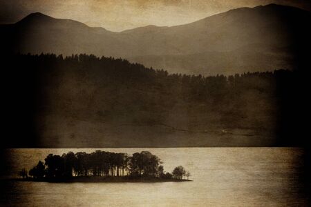 vintage nature background with island and lakeの写真素材