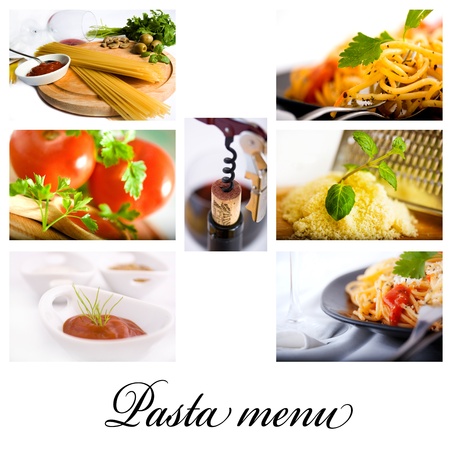 Pasta, wine and spice collage shot suitable for restaurant menuの写真素材