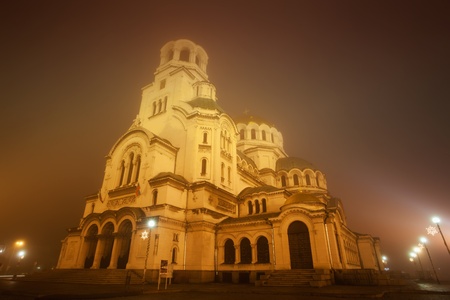 Bulgarian cathedral Aleksander Nevski misty night viewの写真素材