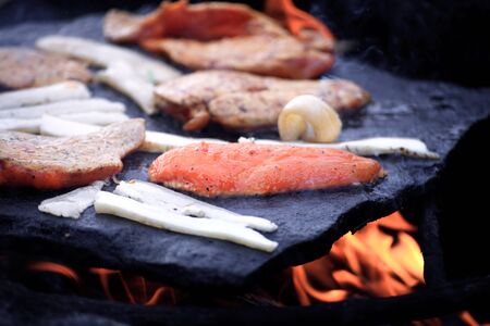 traditional bulgarian outdoor bbq in stone plate