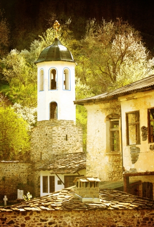 vintage monastery with church in bulgarian village の写真素材