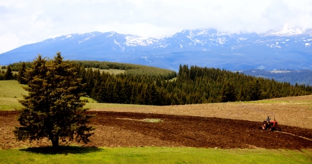 panoramic landscape in bulgarian high mountain cultivated farmland の写真素材