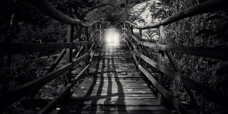 abstract spooky  wooden bridge with man silhouette in black and white の写真素材