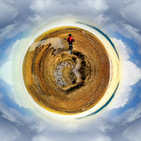 small planet with tourist, stereographic background の写真素材
