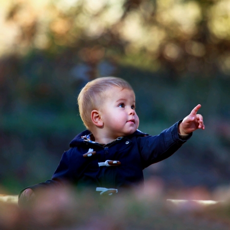Young boy in fall golden parkの素材