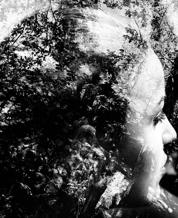Abstract black and white double exposure portrait of woman のeditorial素材