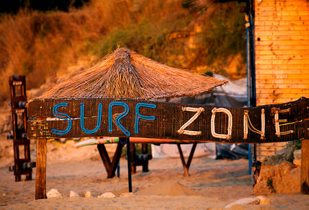 surf zone sign in bulgarian black sea resort on the beachの写真素材